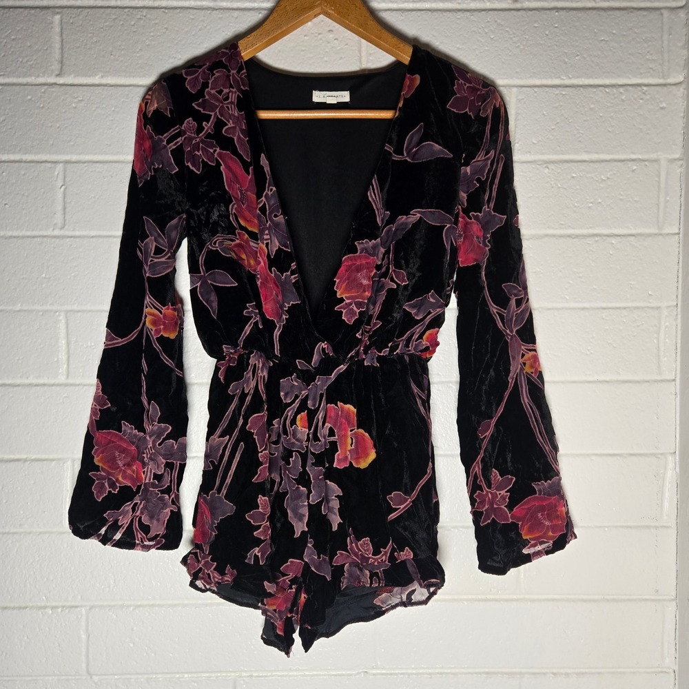 LA Hearts Velvet Burnoout Romper XS Moody Bell Sleeve Dark Romantic Jumpsuit